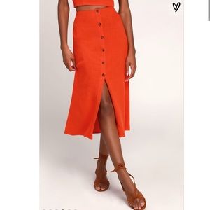 Lulus Rosalda Red Orange Button-Up Midi Skirt ❤️
